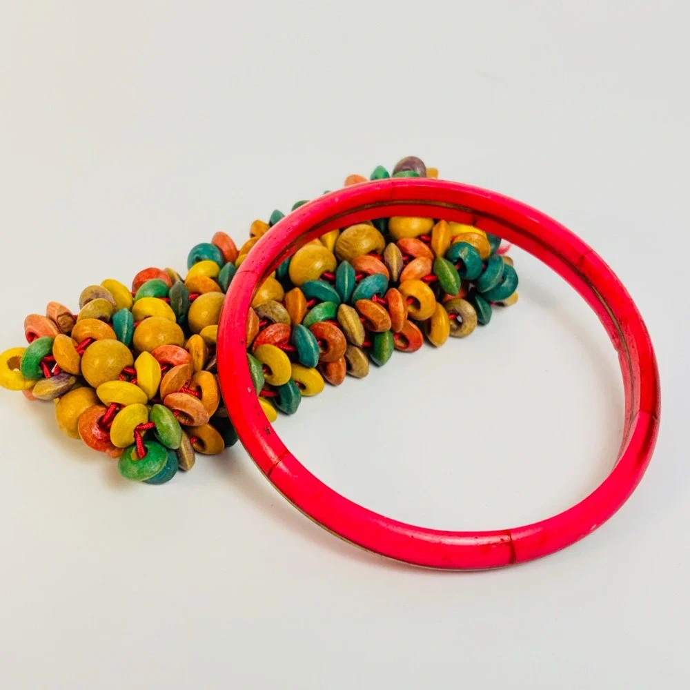 Vintage Bracelet Set Multicolor Wood Bead Stretch Pink Bangle Boho Statement